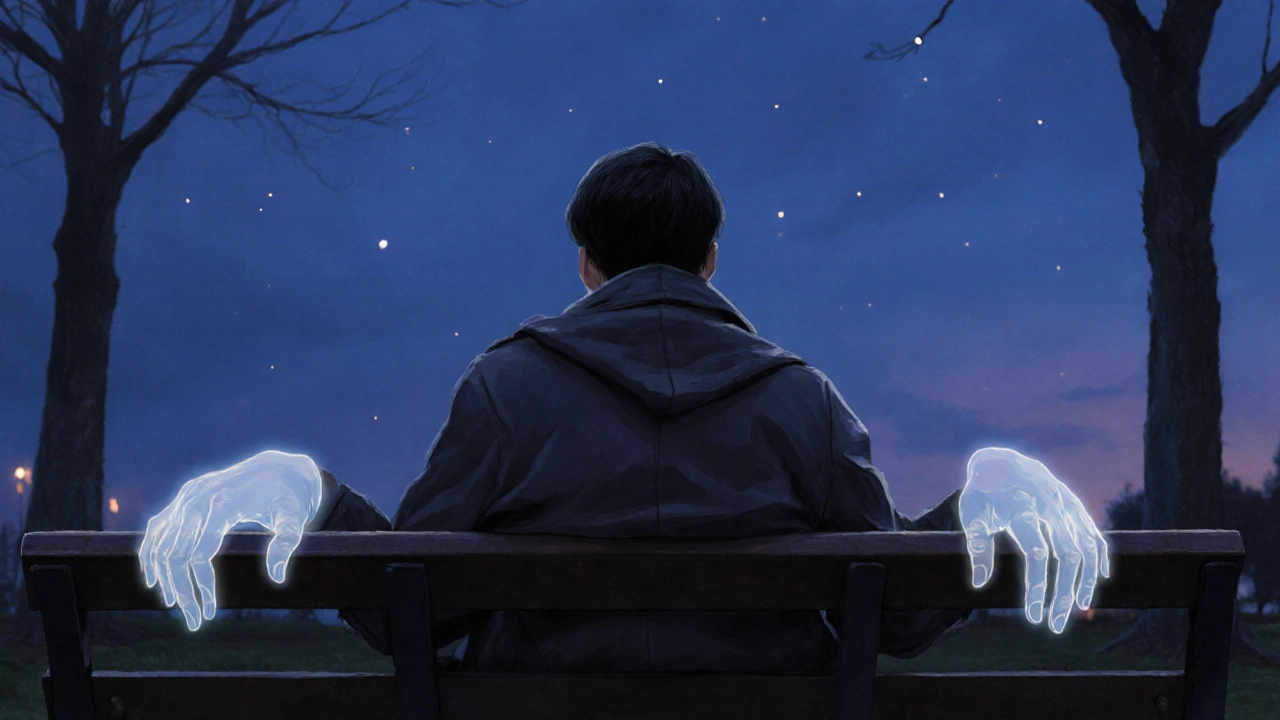 Человек на скамейке в парке, вокруг — невидимые, но тёплые прикосновения поддержки.