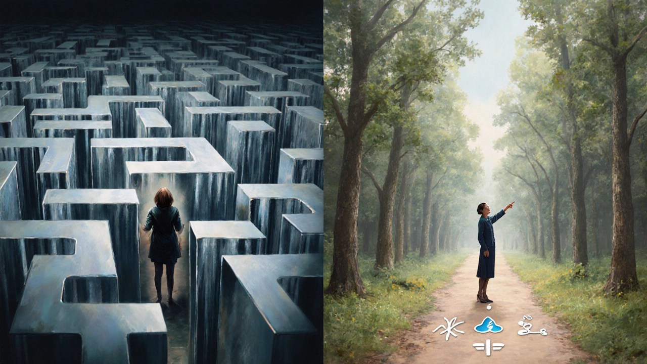 Человек в лабиринте страхов слева, в открытом лесу самопознания справа — визуализация терапии.