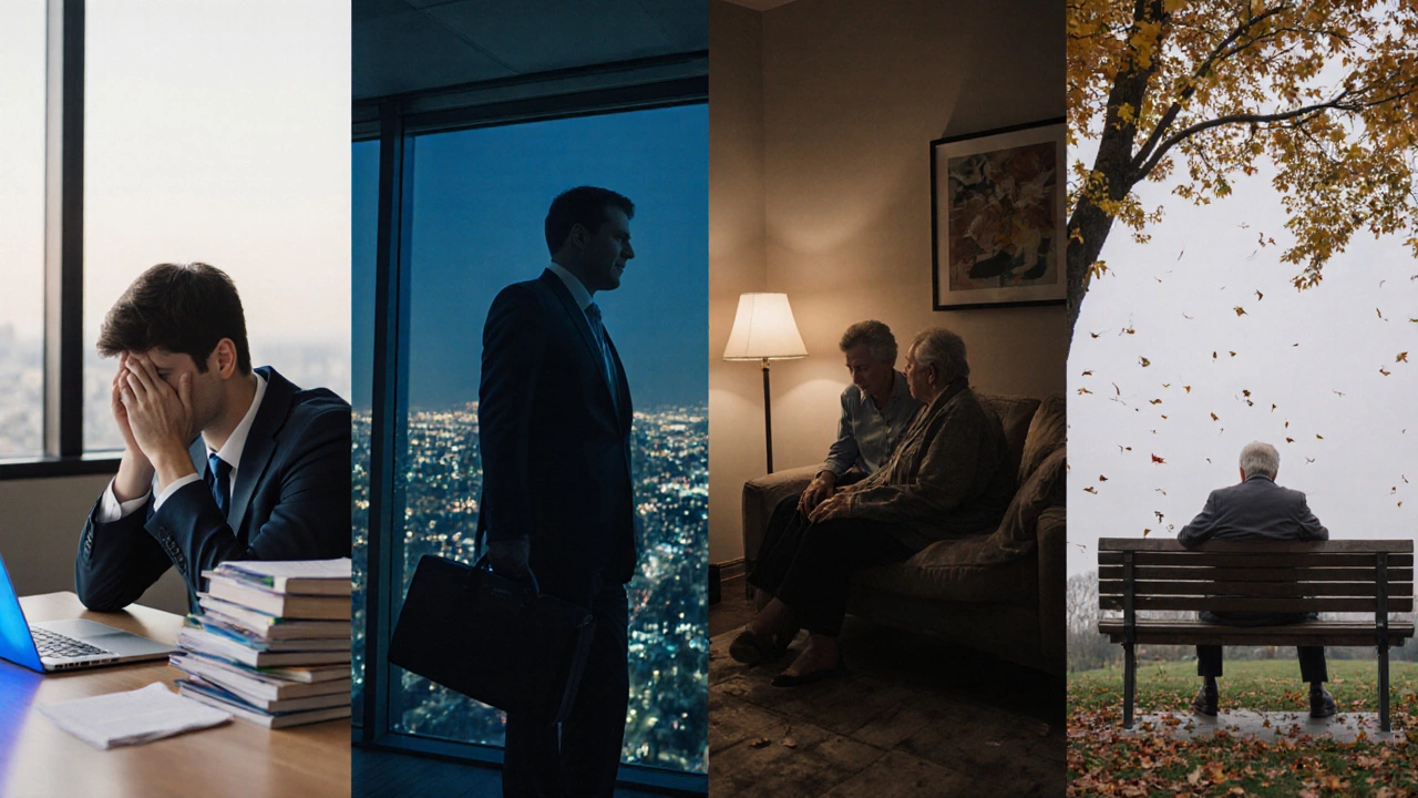 Четыре персонажа разных возрастных групп, иллюстрирующие их типичные проблемы: тревога, выгорание, уход за родителями, одиночество.