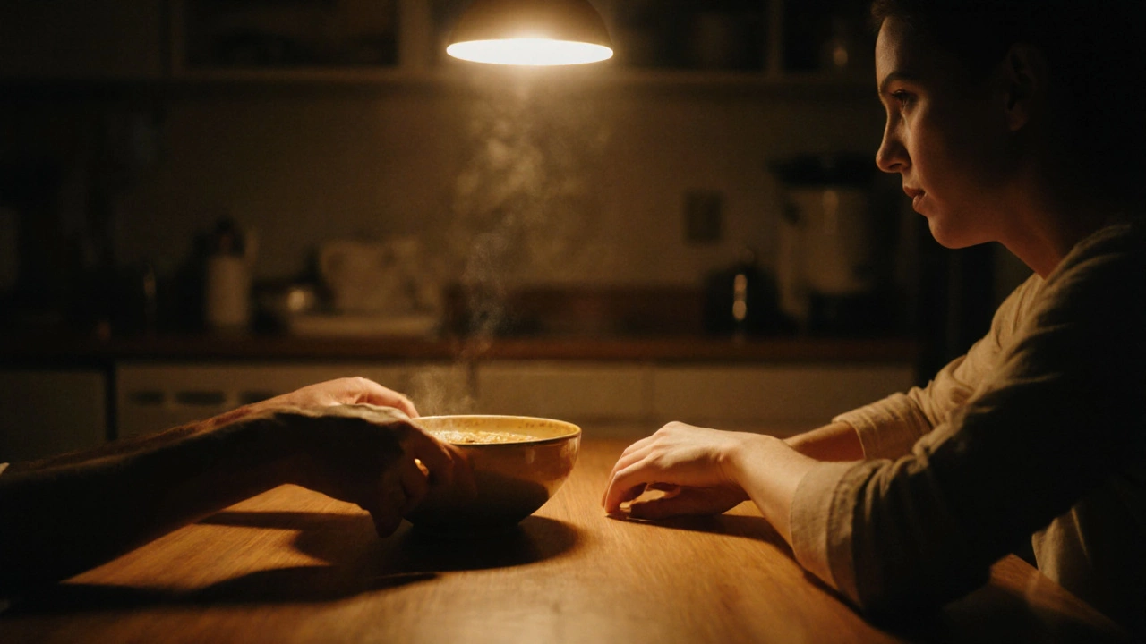 Две руки на кухонном столе — одна держит еду, другая бездействует.