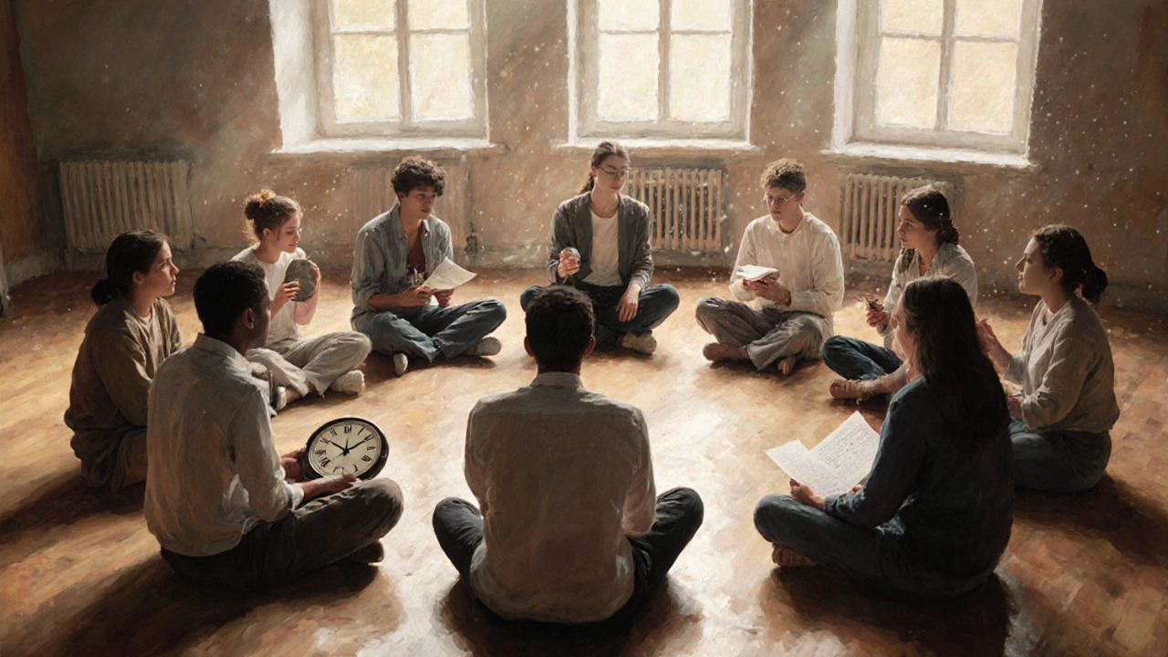 Группа людей в кругу держит символы своих переживаний, психолог внимательно слушает в центре.