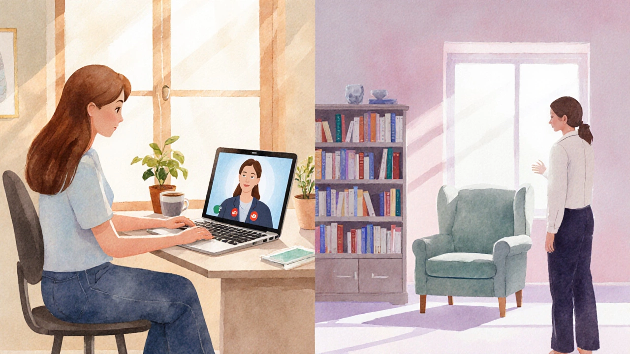 Сцена, где одна часть показывает онлайн‑консультацию через видеосвязь, а другая – личную встречу в теплом кабинете психолога.