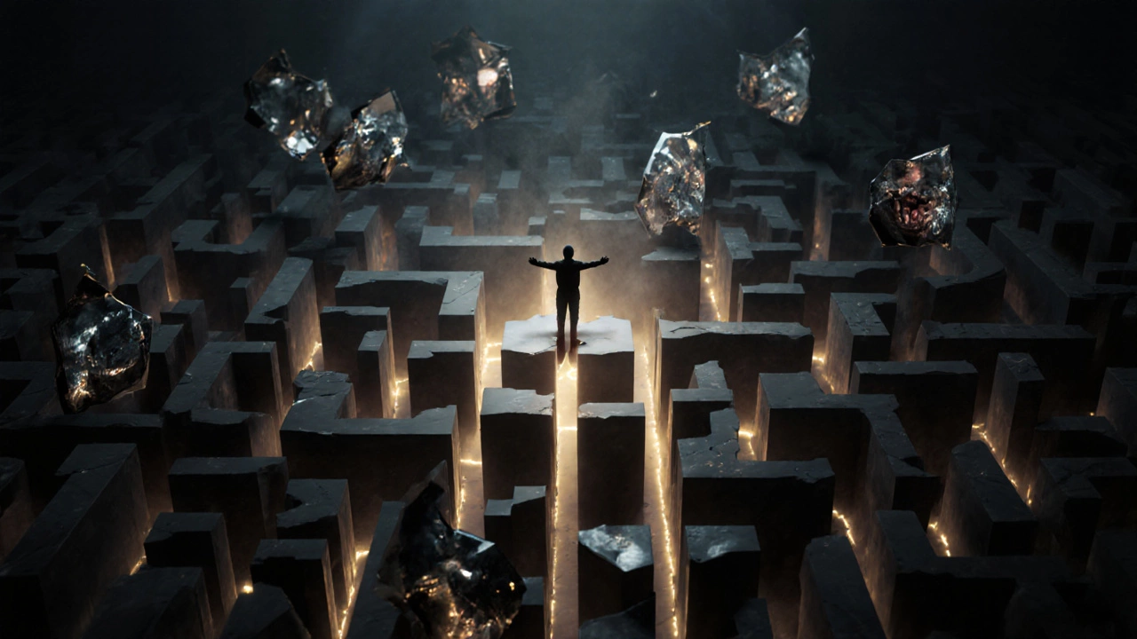 Абстрактный лабиринт разума с путями света и тумана, центральная фигура наблюдает, не пытаясь сбежать.