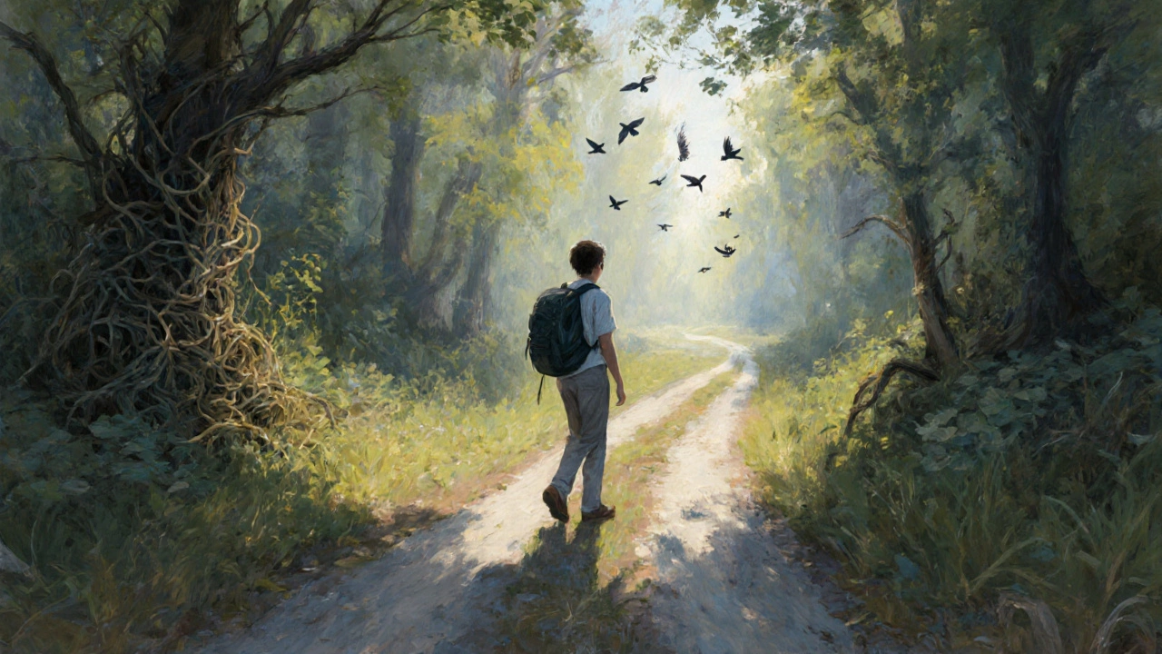 Человек делает шаг вперёд по светлой тропе в лесу, оставляя за собой заросли прошлого.