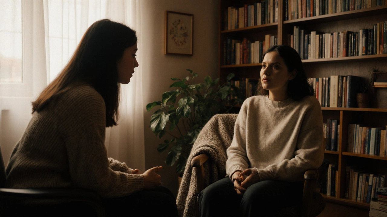 Человек и психолог сидят вместе в уютном кабинете, разговаривают спокойно.