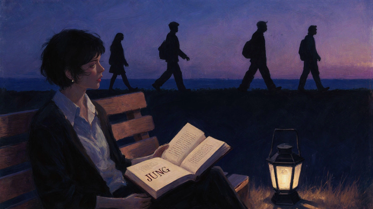 Человек на скамейке смотрит на закат, держа книгу Юнга, вокруг — размытые силуэты уходящих людей.