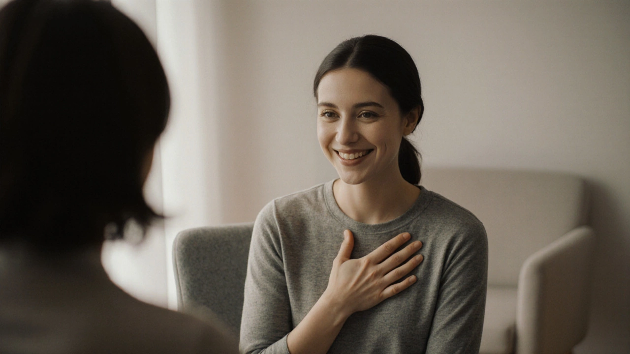 Человек сидит в кабинете, где стул психолога пуст — он больше не нуждается во внешней поддержке.