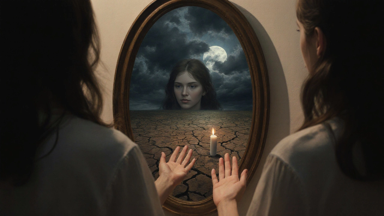 Человек смотрит в зеркало, где его отражение — это пейзаж бури и одной горящей свечи.