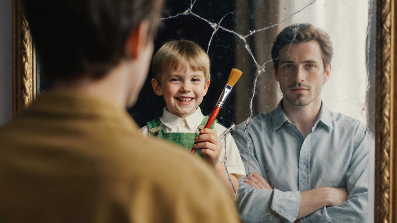 Человек смотрит в зеркало, где его отражение показывает более счастливую версию себя.