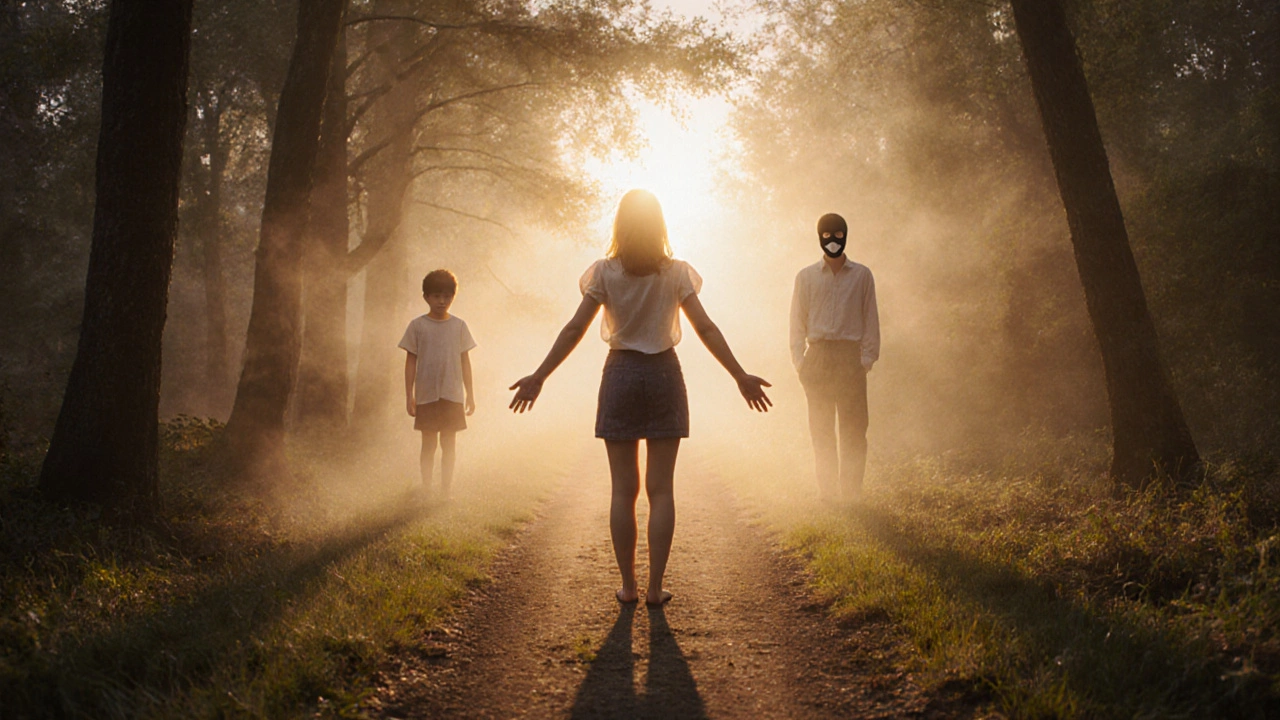 Человек стоит на лесной тропе на рассвете, за ним растворяются прозрачные образы детства, символизирующие возвращение к себе.