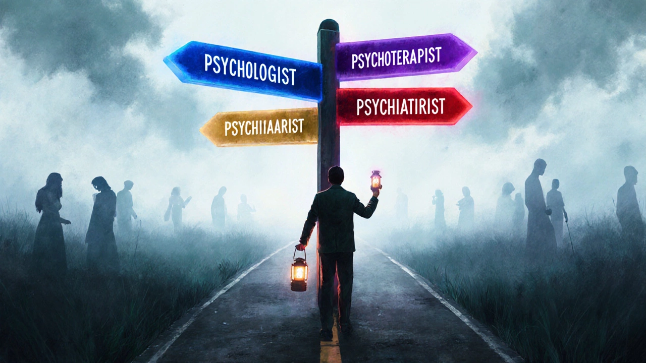 Человек стоит на перекрестке с четырьмя путями, каждый обозначен как один из специалистов по психическому здоровью.