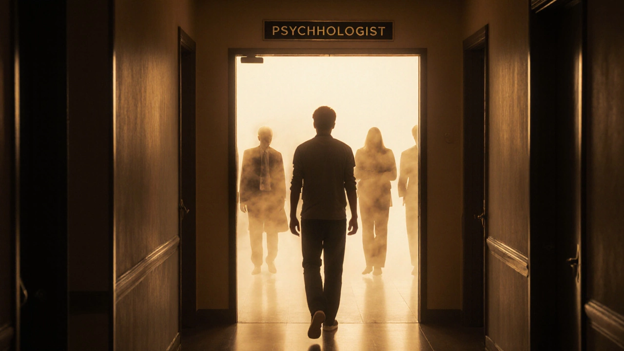 Человек уходит из кабинета психолога в солнечный коридор, тени страха и осуждения тают за спиной.