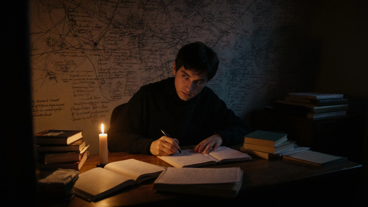 Человек в тихой комнате пишет сложные мысли на бумаге при свече.
