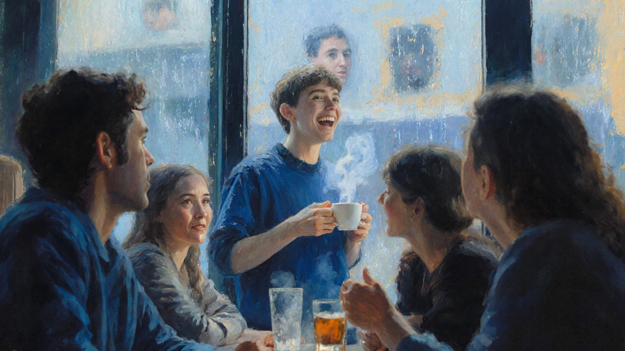 Человек в толпе смотрит в окно, незаметный среди смеющихся людей.