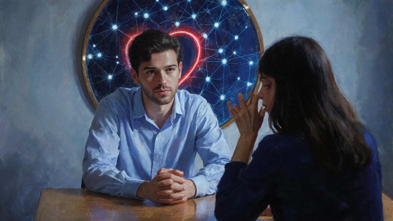 Человек внимательно слушает другого, чьи эмоции видны в жестах, а в зеркале отражаются невидимые эмоциональные связи.