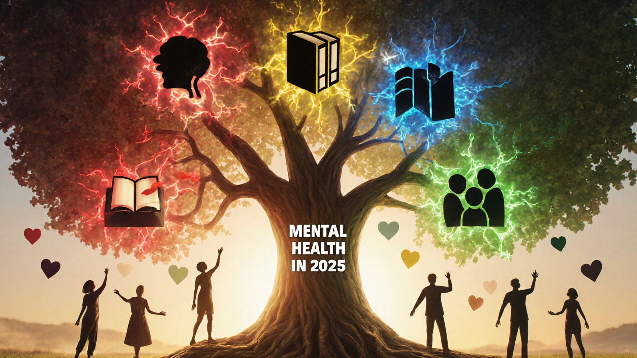 Дерево с корнями-мозгом, символизирующее разные направления психологии