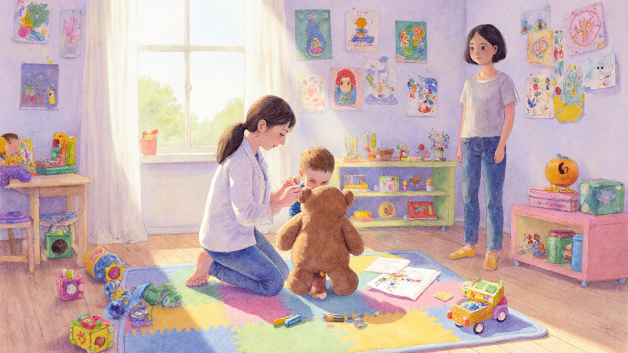 Детский психолог рисует с мальчиком на полу, полном игрушек, а мать наблюдает с теплотой.