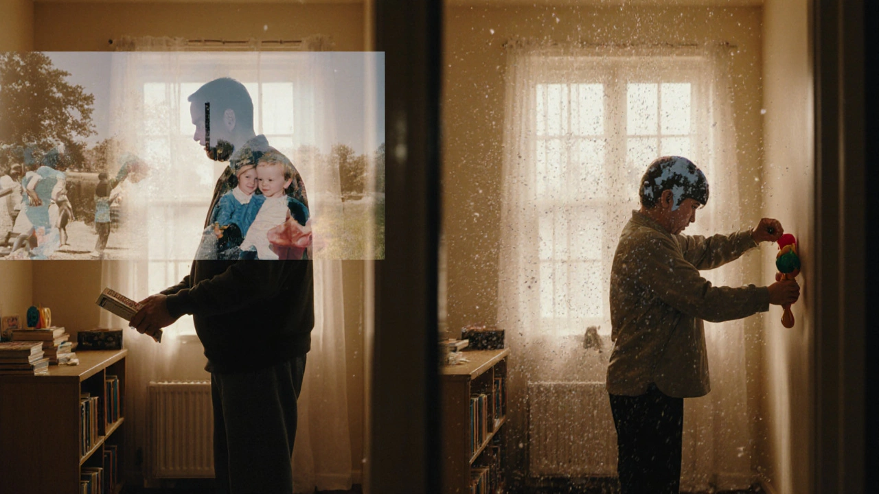 Двое взрослых в одинаковых детских комнатах, их прошлые травмы видны как прозрачные накладки на сцены.