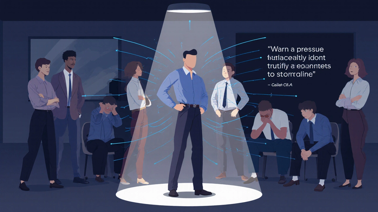 Группа людей в офисе, один из них одинок в центре внимания, показывая социальное давление.