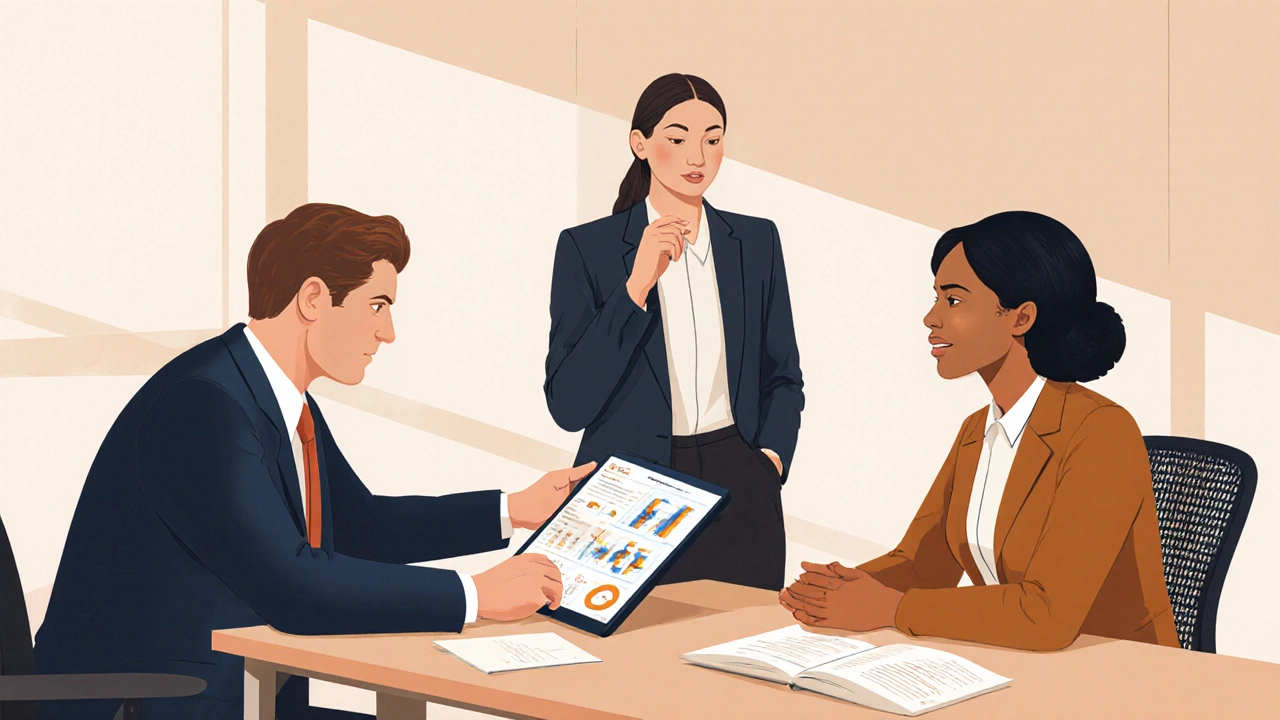 Команда в офисе: психолог анализирует данные, сотрудники участвуют в сессии по снижению выгорания.