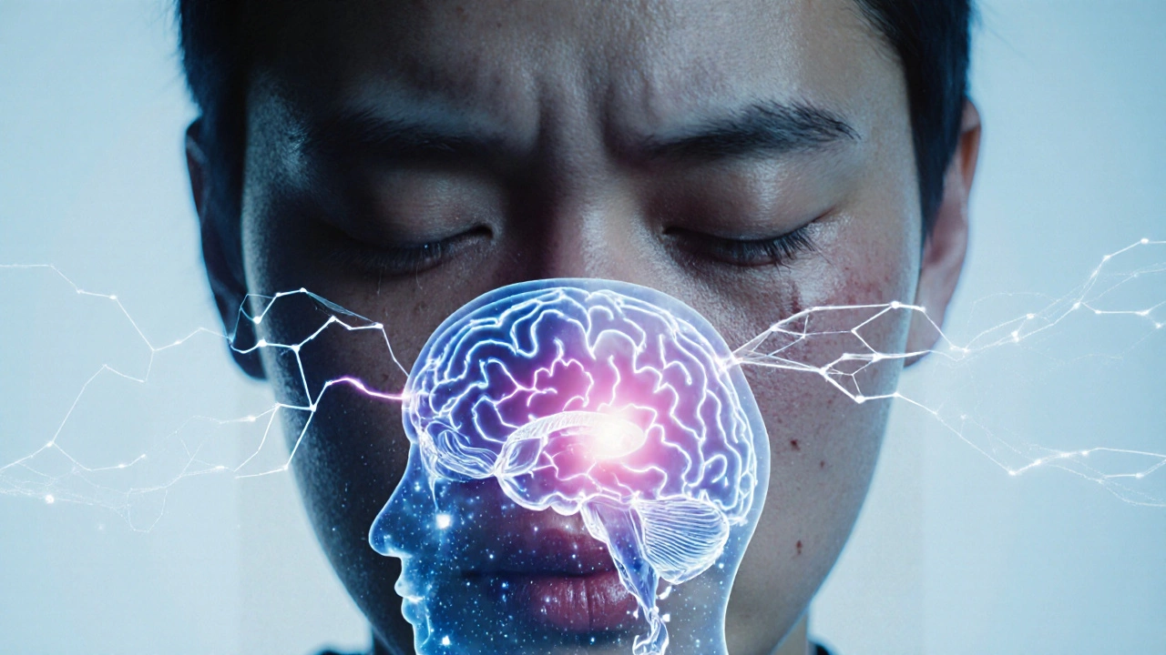 Лицо человека с слезами на фоне нейросканирования мозга, показывающего активацию префронтальной коры и снижение активности миндалевидного тела.