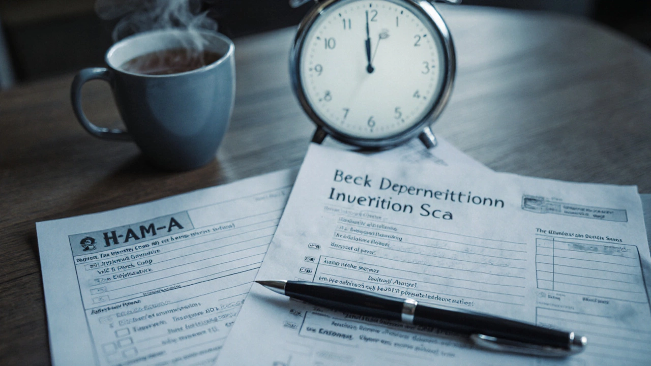 На столе лежат анкеты для диагностики тревоги и депрессии с ручкой и чашкой чая.