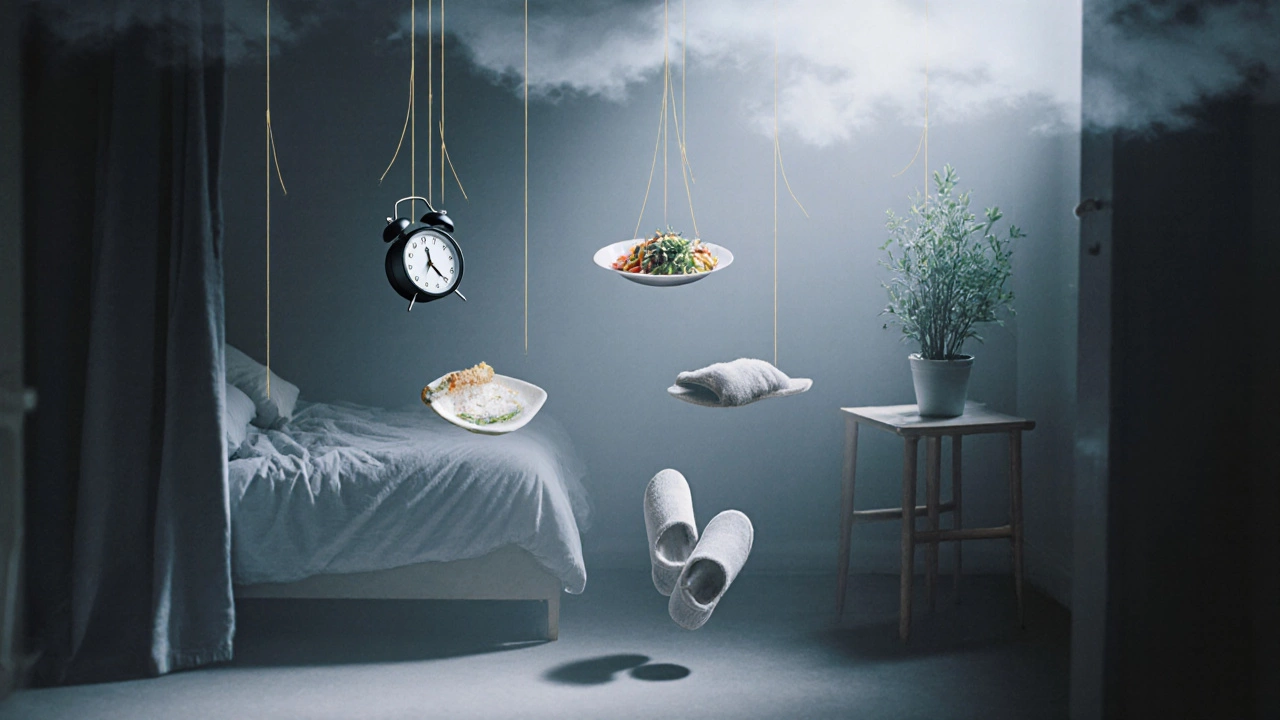 Плавающие предметы повседневной жизни — часы, кровать, еда, растение — символизируют потерю интереса к жизни.