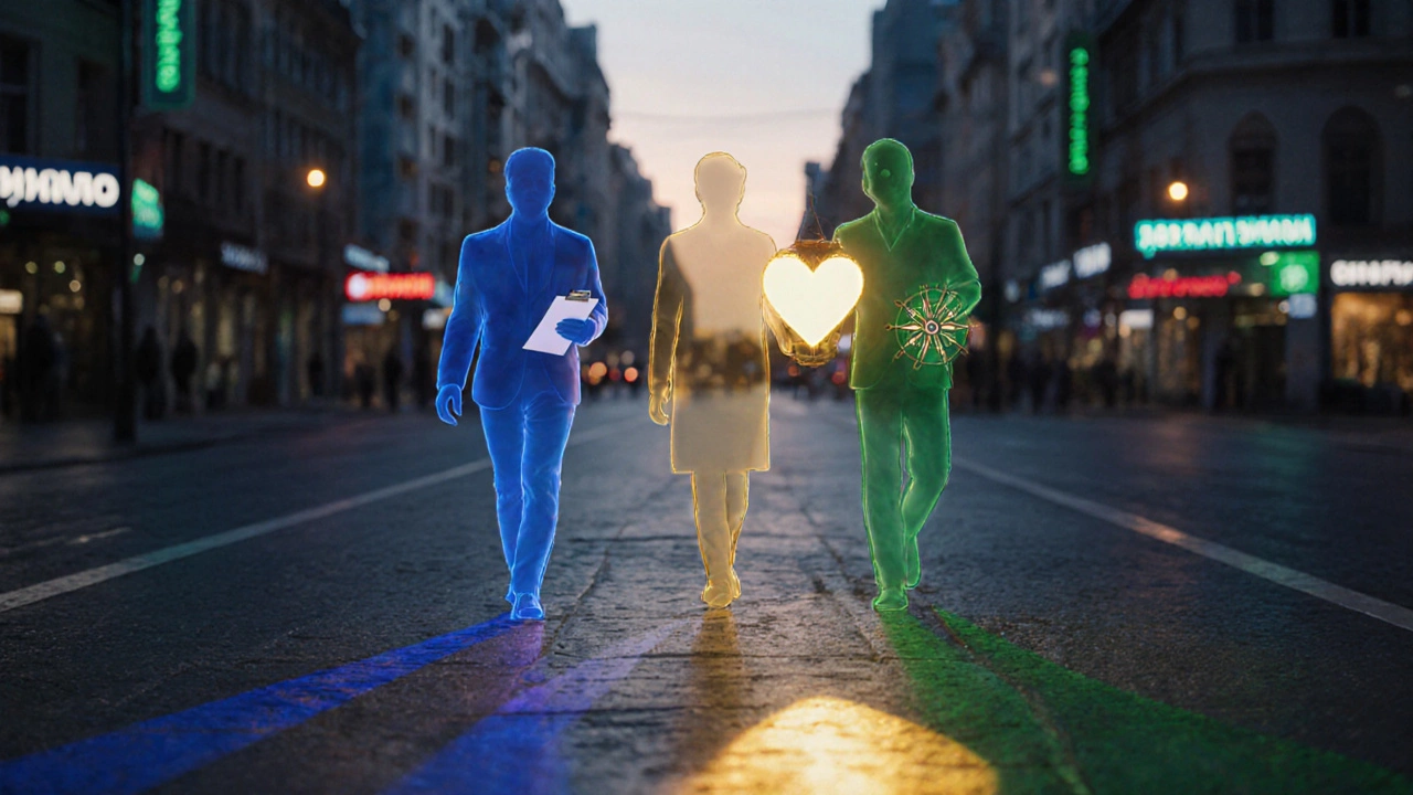 Прозрачные силуэты трёх психологов идут по улице, их тени разных цветов, символизируя разные подходы.