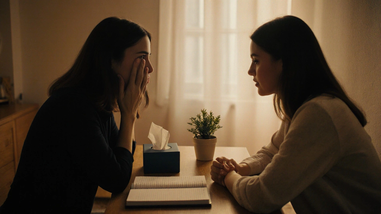 Психолог и клиент в тихом кабинете — клиент плачет, психолог внимательно слушает.