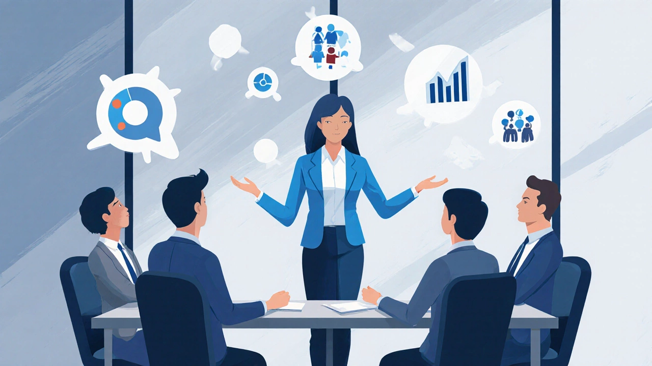 Психолог проводит тренинг для корпоративной команды в офисе.