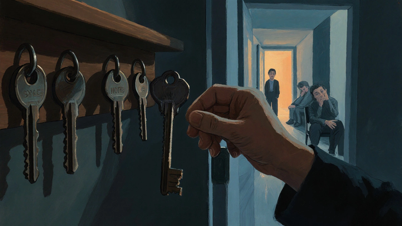 Рука кладет ключ на полку с другими ключами — символ поиска подходящего психолога.