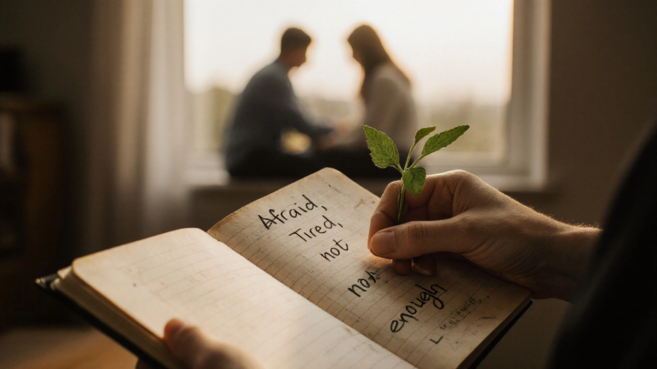 Руки, кладущие растение на тетрадь с записями эмоций, за спиной — размытое отражение сессии.