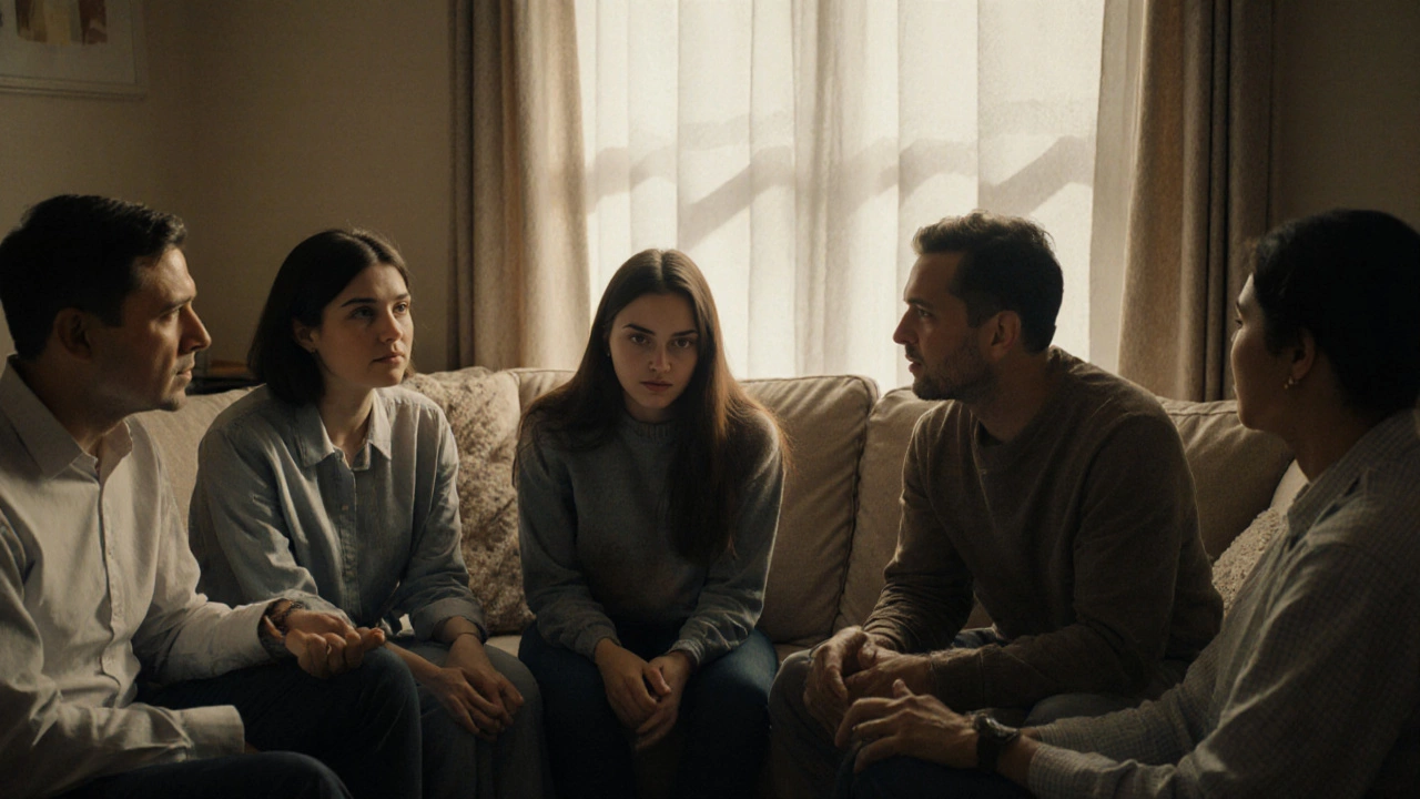 Семья сидит в кругу с психологом, напряжение в позах, но свет создает атмосферу надежды.