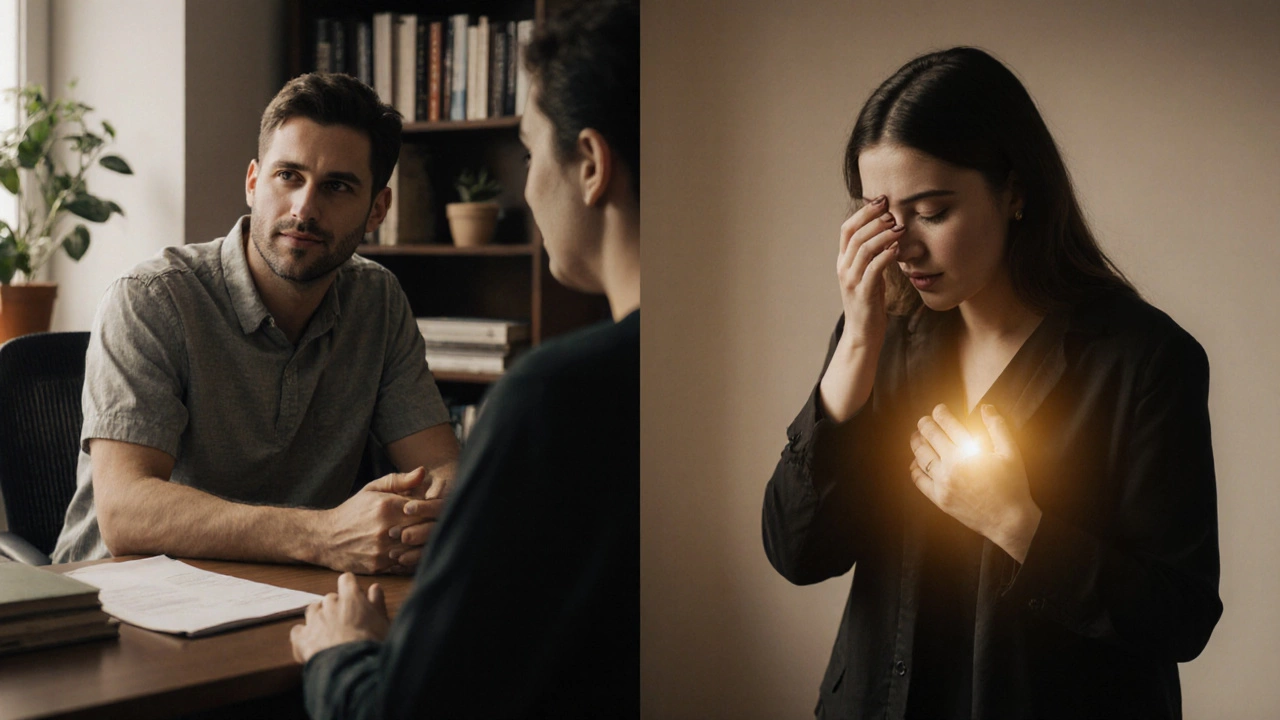 Сравнение: психолог слушает клиента в уютном кабинете, психотерапевт глубоко вовлечен в эмоциональный разговор в спокойной обстановке.