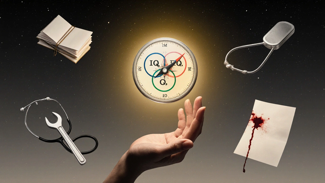 Светящийся компас указывает на три формы интеллекта, окружённый символами знаний и человеческого опыта.