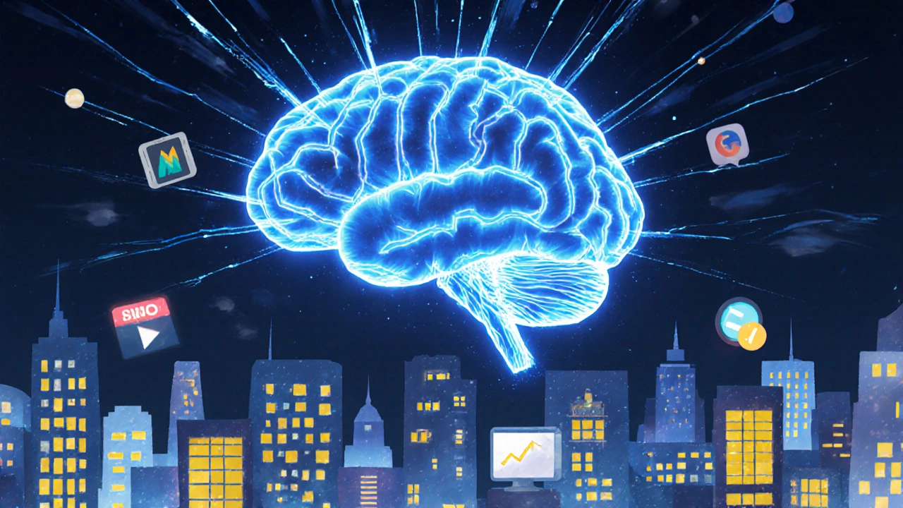 Светящийся мозг с нейронными путями над городом приложений и школ, отражающий когнитивную психологию.