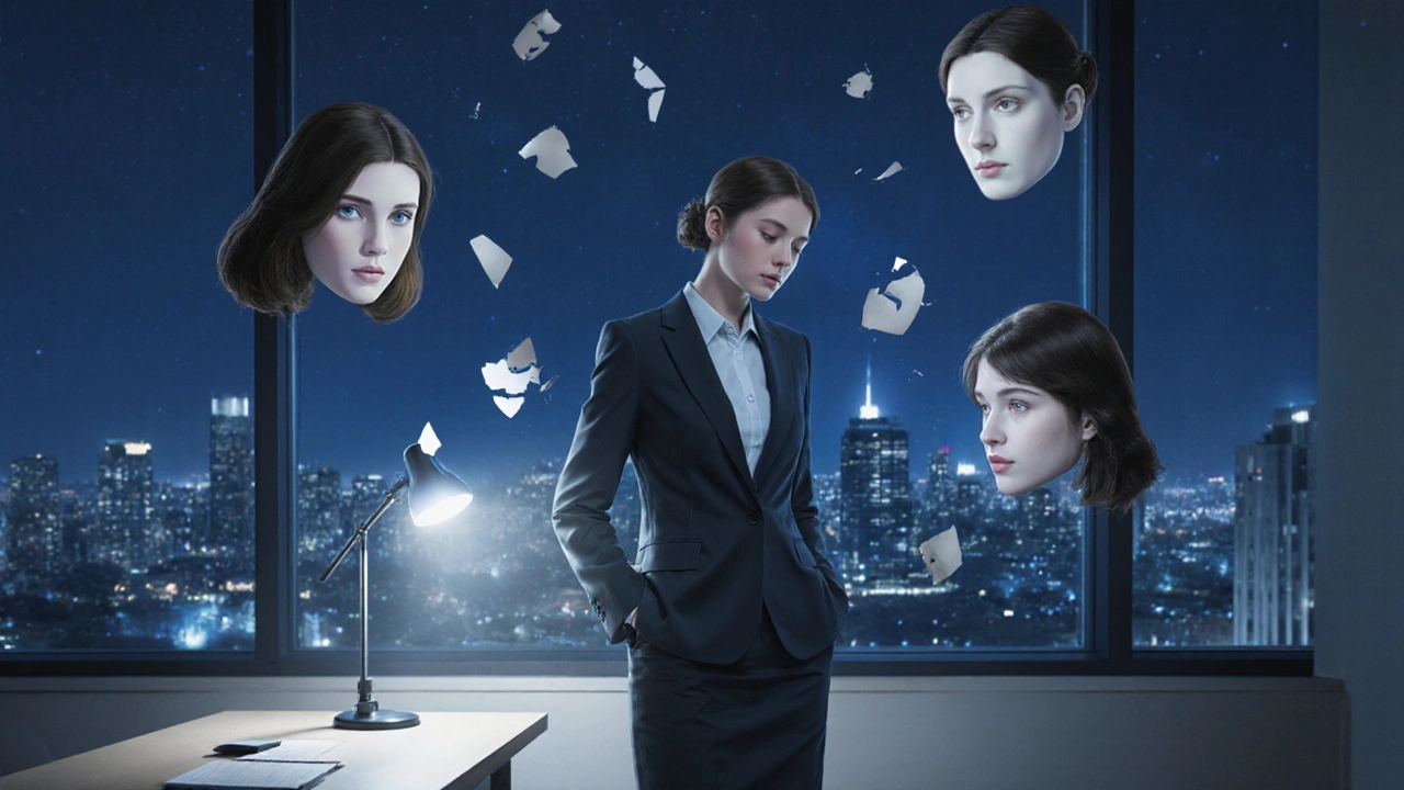 Женщина в офисе, окруженная разрушающимися масками ролей, одна из которых падает на пол.