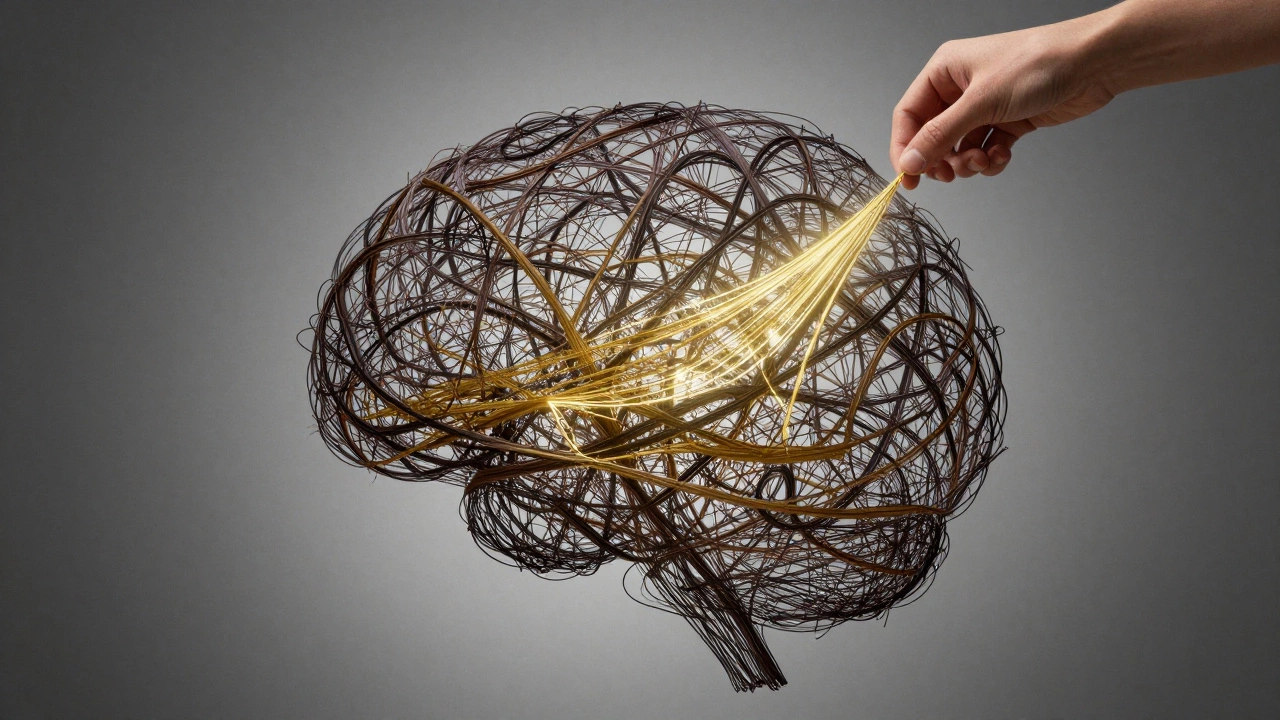 Абстрактное изображение разрыва тёмных путей в золотые нити, символизирующее исцеление.