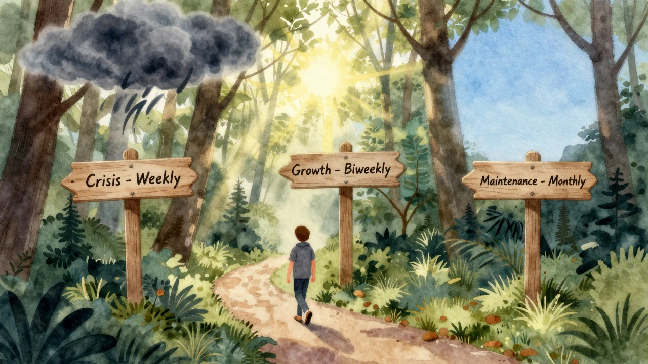 Человек на лесной тропе с тремя знаками, символизирующими частоту сеансов