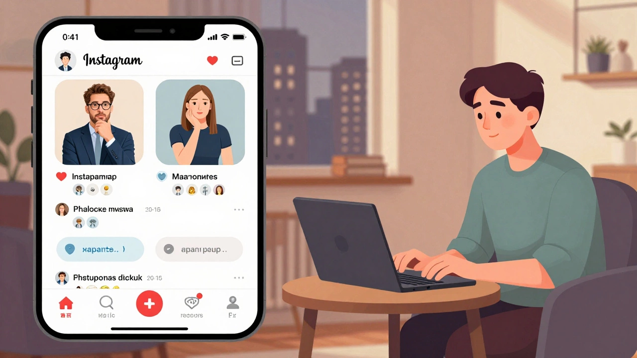 Человек общается с психологом через онлайн-консультацию, видны отзывы в соцсетях.