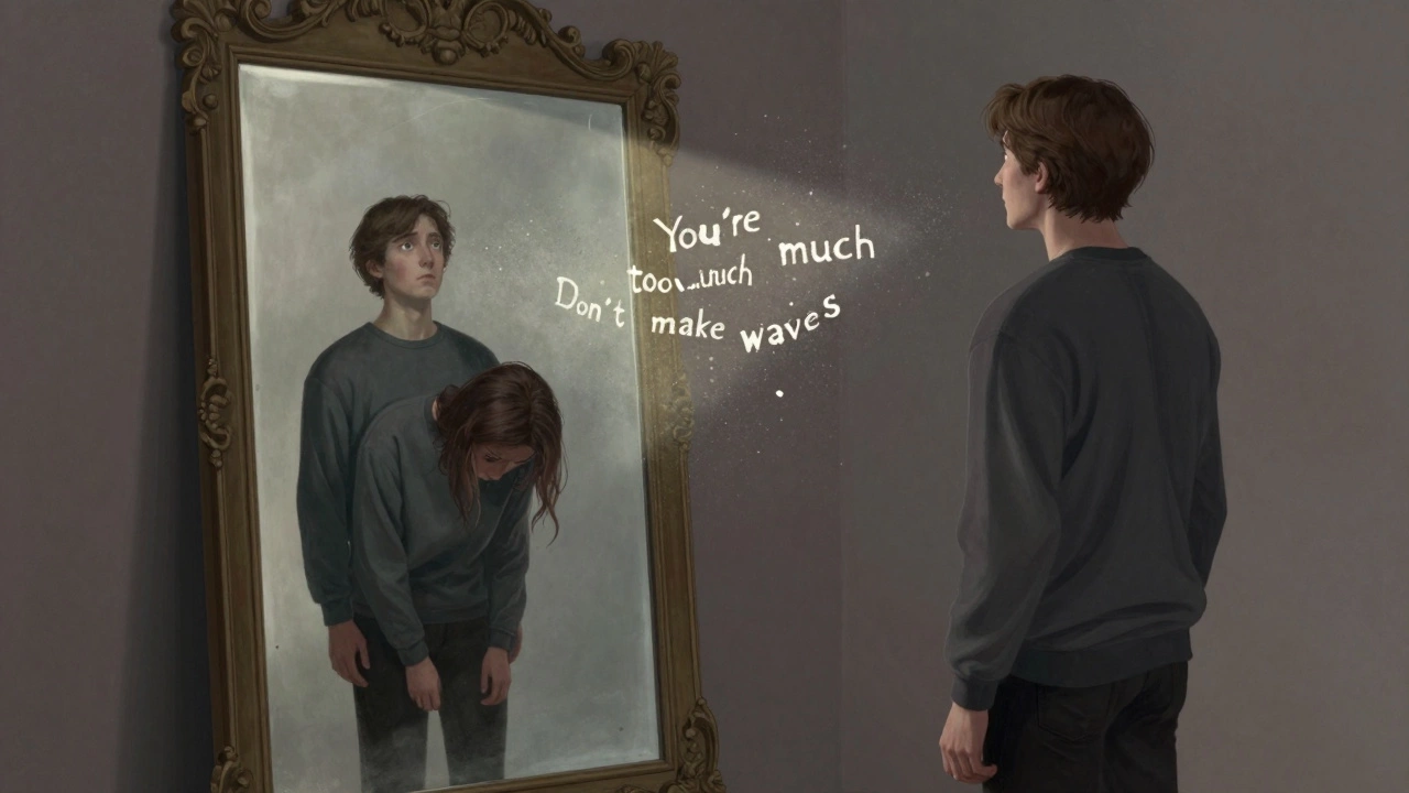 Человек смотрит в зеркало, где его отражение показывает его молодое, испуганное selves, а вокруг растворяются слова критики.