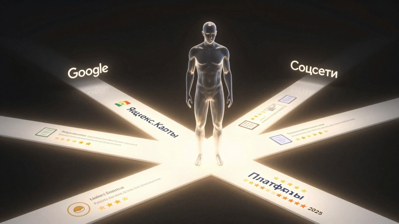 Человек стоит на перекрестке путей поиска психолога, каждый путь подсвечен.