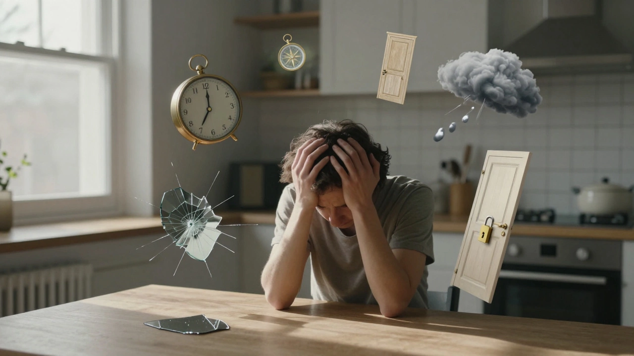 Человек в кухне утром, окруженный визуальными символами внутреннего состояния.