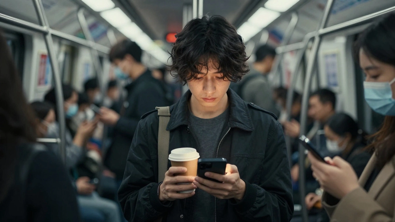 Человек в переполненном метро, отстраненно смотрит вниз, окруженный неразличимыми лицами.