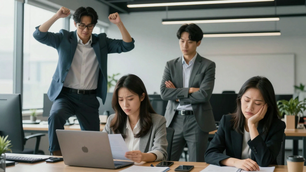 Четыре человека по-разному реагируют на кризис в офисе: один действует, другой анализирует, третий ищет поддержку, четвёртый уходит в себя.