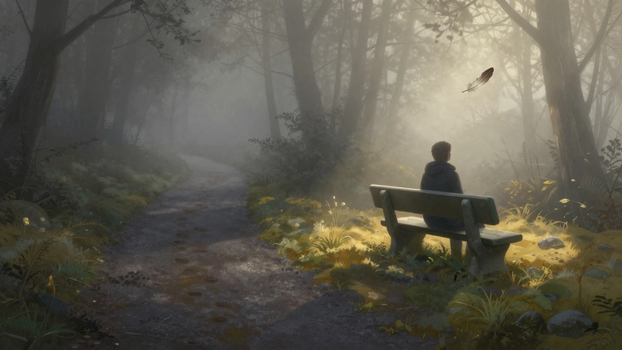 Два пути в туманном лесу: один тёмный, другой освещённый — человек сидит на скамейке, направляясь к свету.