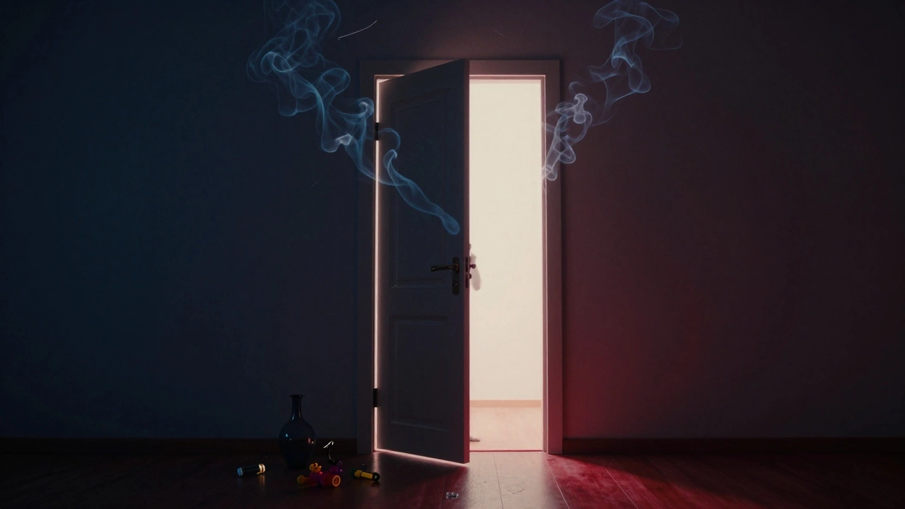 Дверь в светлую комнату, за которой — надежда, на пороге — предметы, символизирующие скрытую боль.