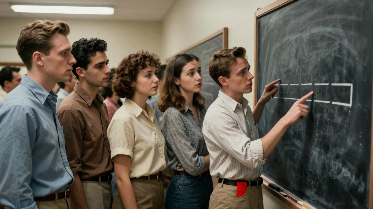 Группа людей в эксперименте, один колеблется, остальные уверенно ошибаются под давлением толпы.