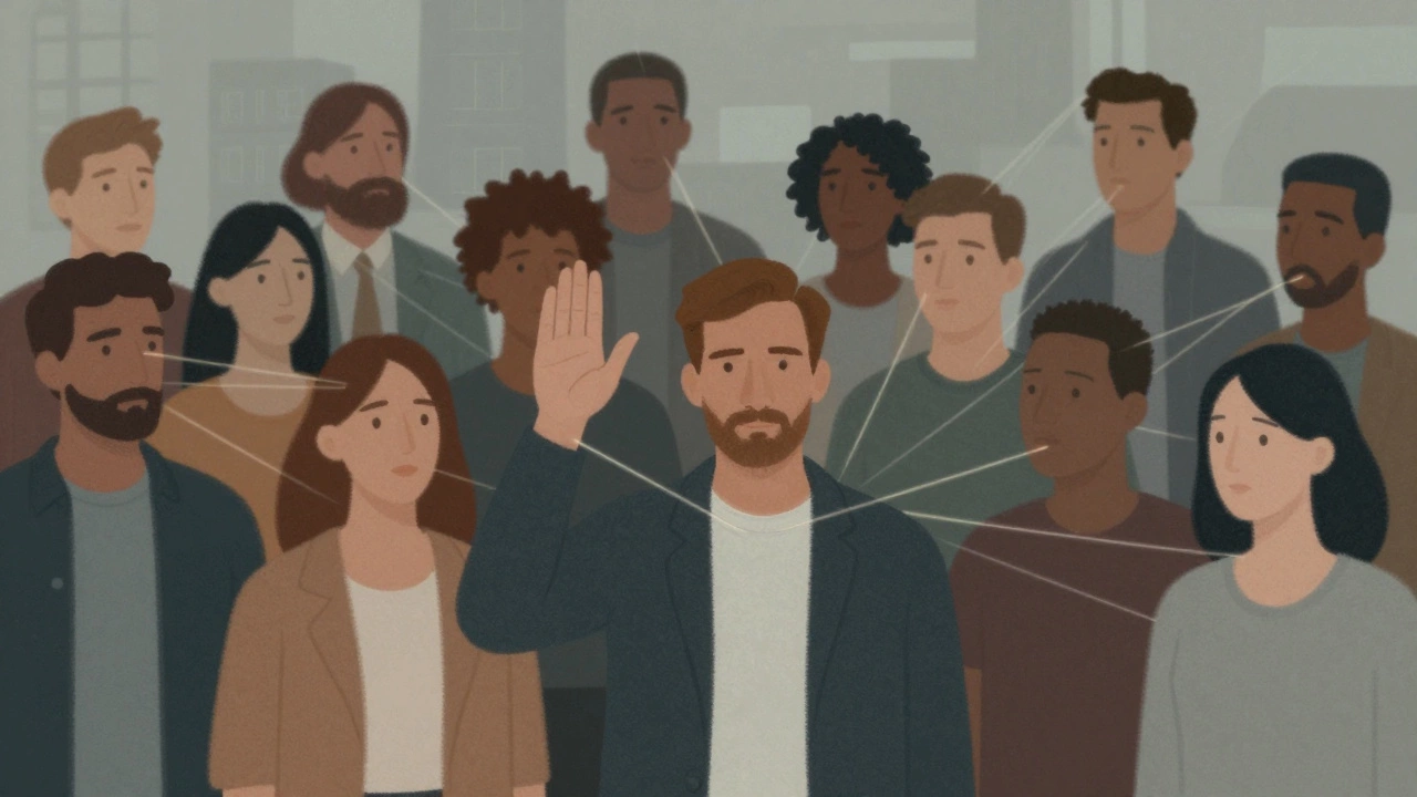Группа людей в городе, где видны невидимые связи, влияющие на их поведение.