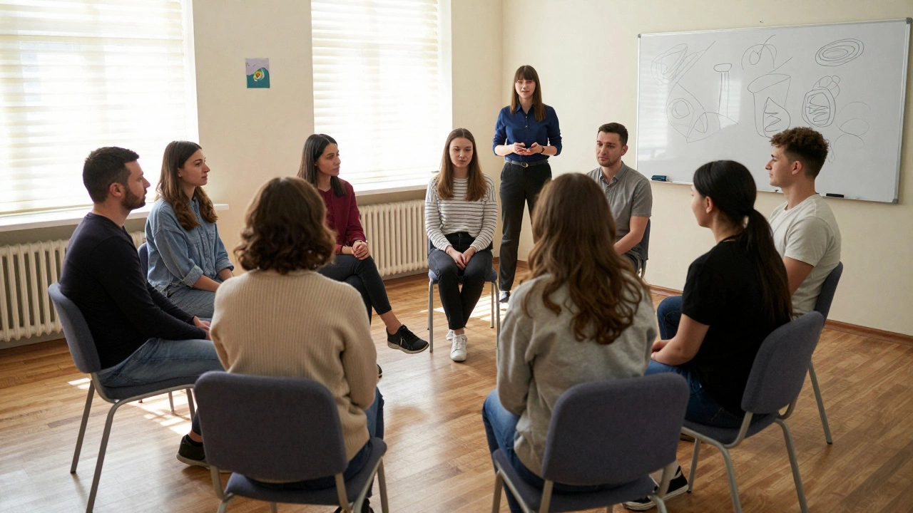 Групповая терапия в центре: шесть человек в кругу, ведущий, атмосфера поддержки